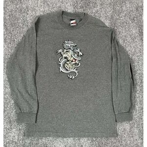 Rare Vintage Y2K Top Heavy 3D Embossed Puff Print Skull Dragon Long Sleeve Large